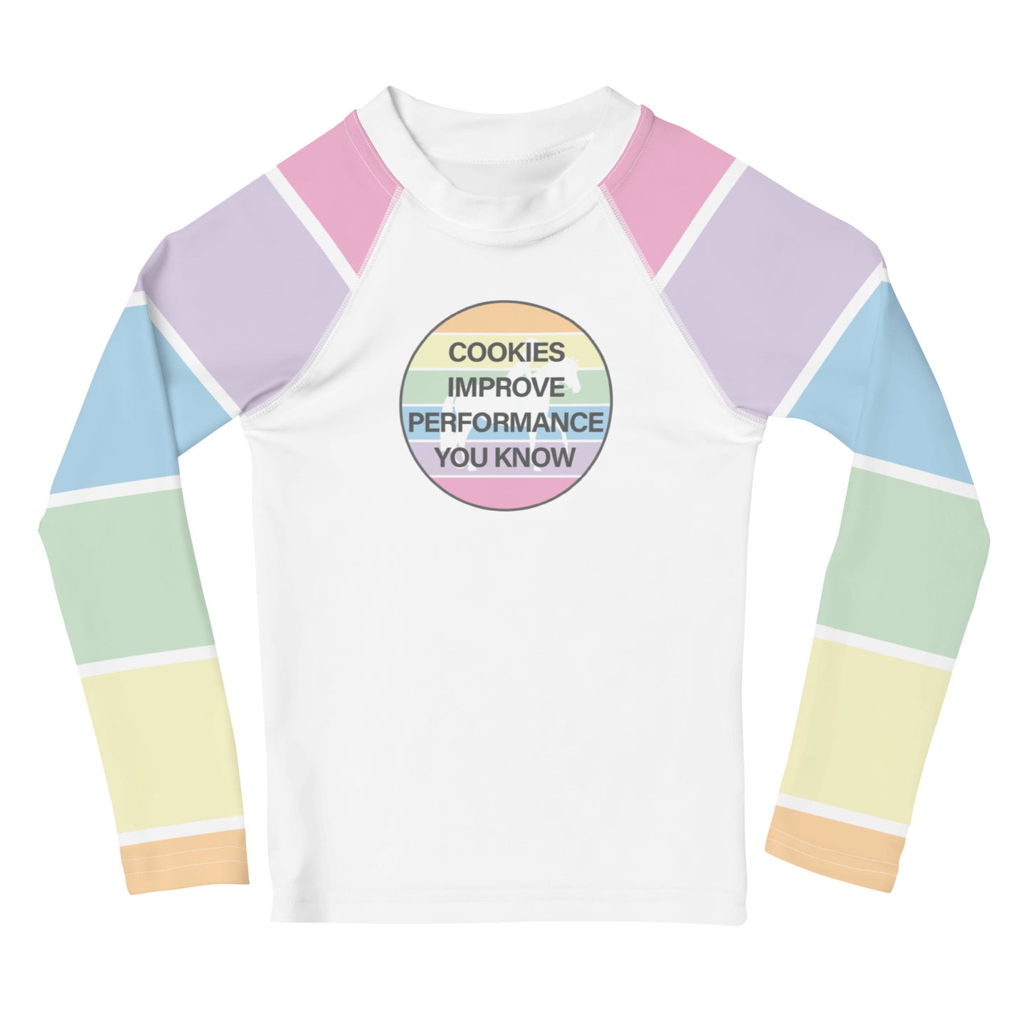 Children's Long-Sleeved Sun Shirt "COOKIES IMPROVE PERFORMANCE" in Fun Fetti Colours