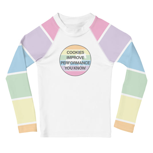 Children's Long-Sleeved Sun Shirt "COOKIES IMPROVE PERFORMANCE" in Fun Fetti Colours