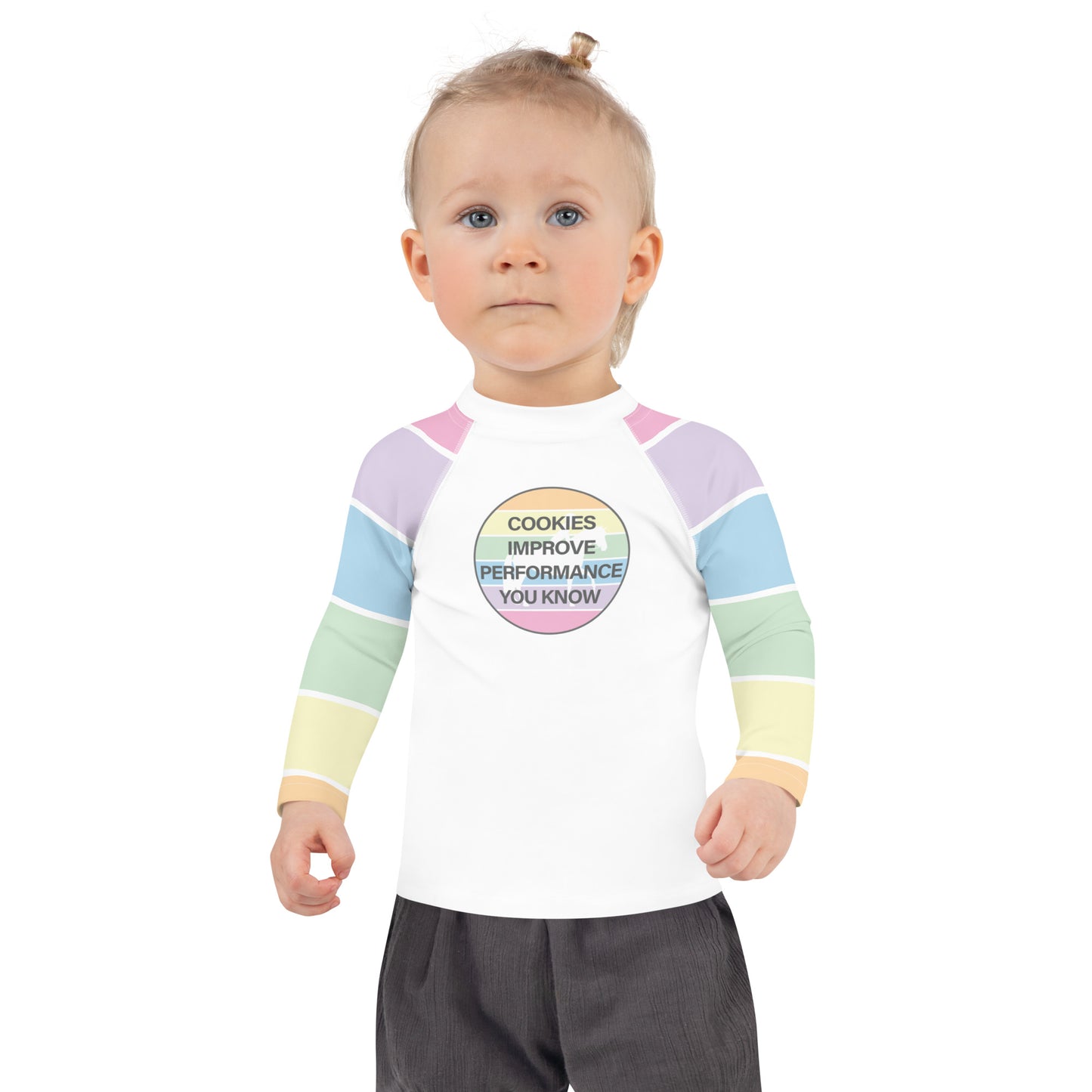 Children's Long-Sleeved Sun Shirt "COOKIES IMPROVE PERFORMANCE" in Fun Fetti Colours
