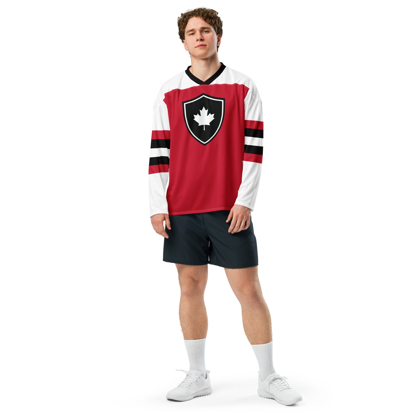 Adult Jersey Maple Leaf in Classic White & Basic Black on Canadian Red