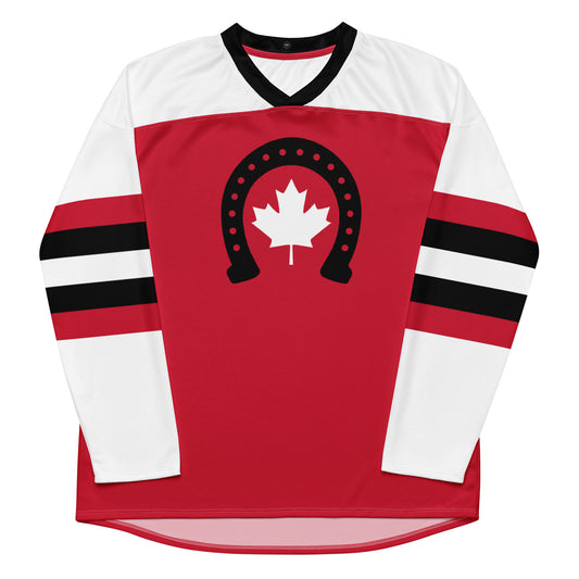 Adult Jersey Maple Leaf & Horseshoe in Classic White & Basic Black on Canadian Red