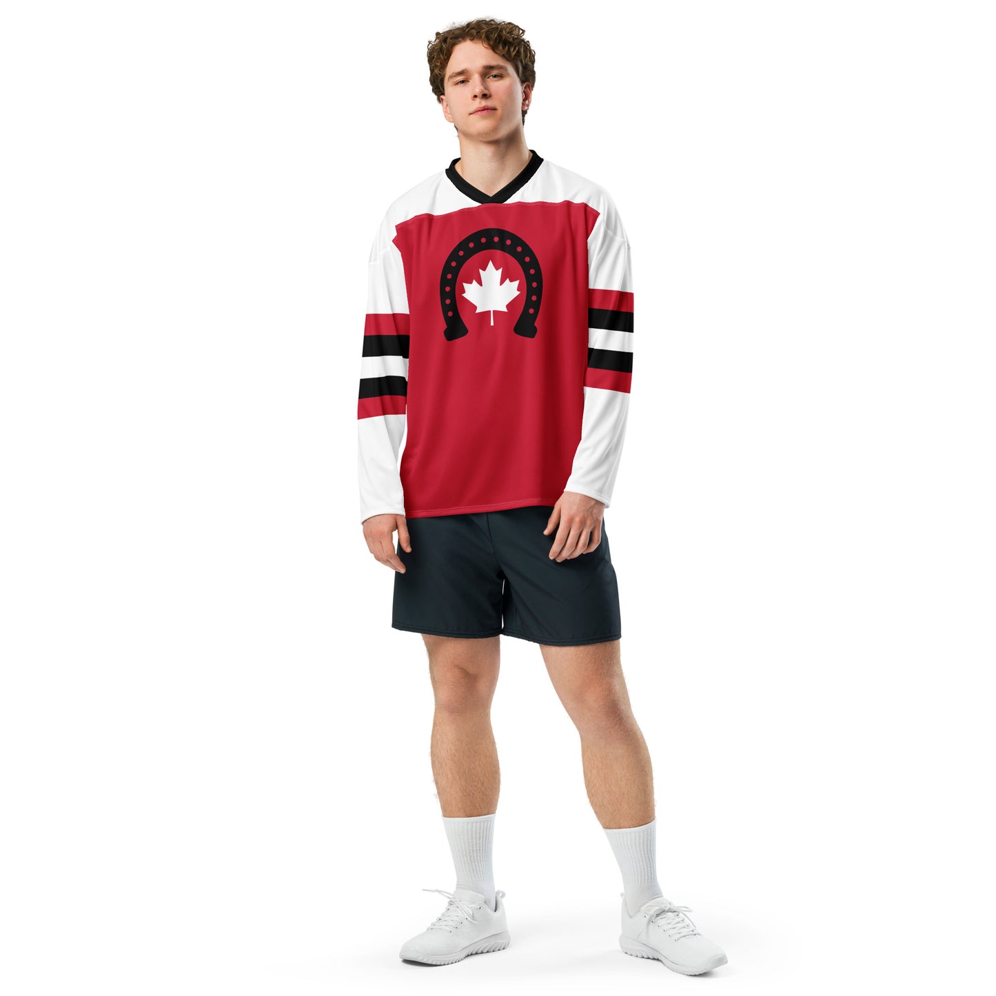 Adult Jersey Maple Leaf & Horseshoe in Classic White & Basic Black on Canadian Red
