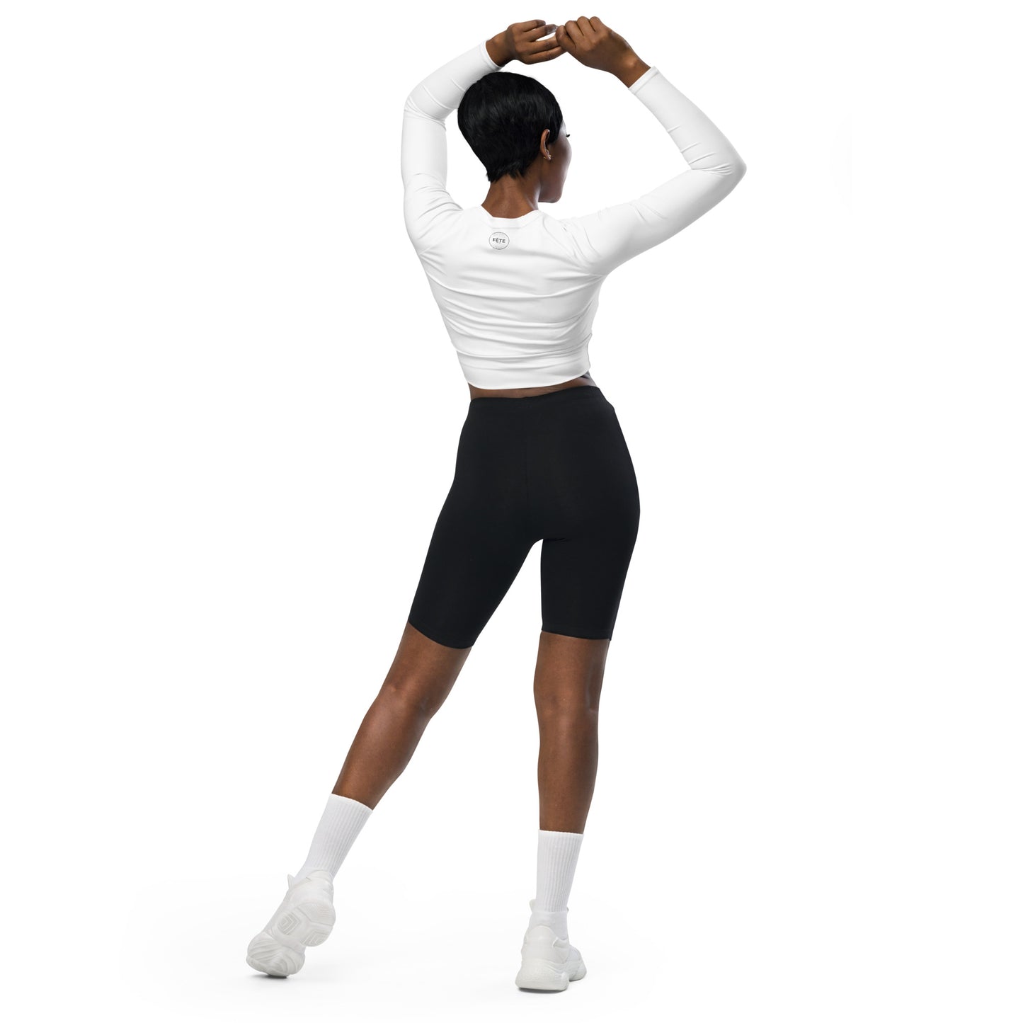 Women's Long-Sleeved Crop Top "COOKIES IMPROVE PERFORMANCE" in Storm Grey on Classic White
