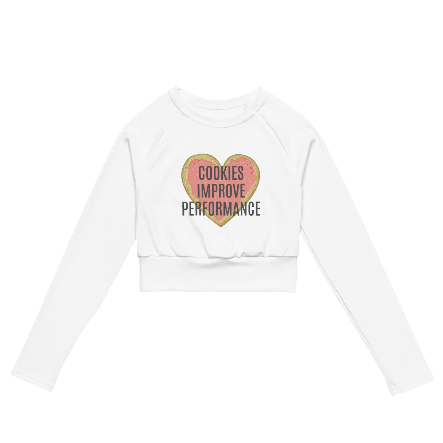 Women's Long-Sleeved Crop Top "COOKIES IMPROVE PERFORMANCE" in Storm Grey on Classic White