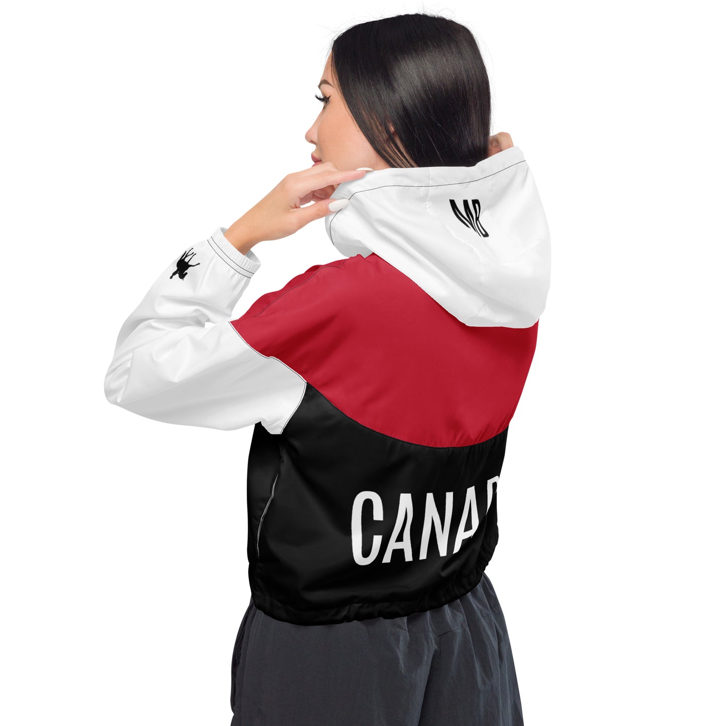 Women’s Cropped Windbreaker "CANADA" in Classic White & Basic Black on Canadian Red