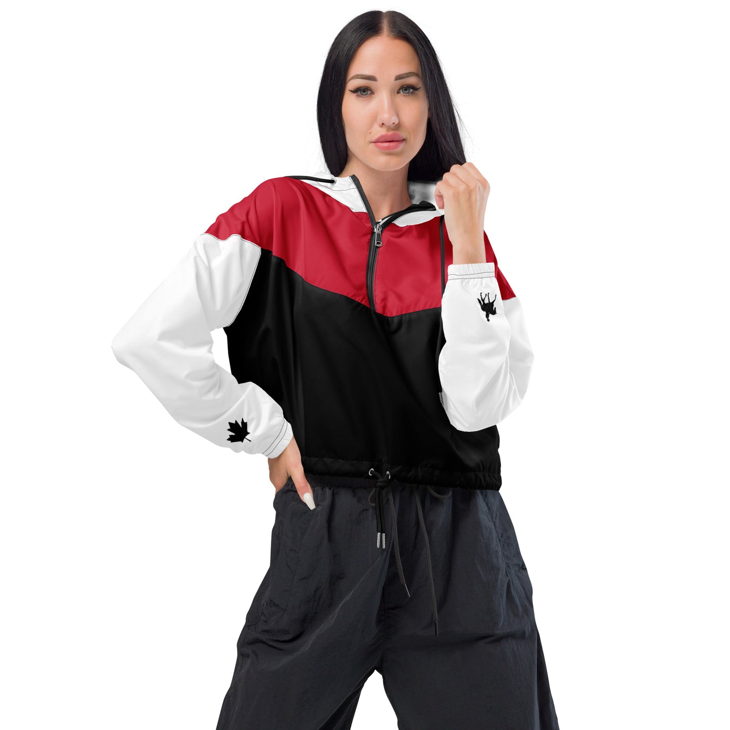 Women’s Cropped Windbreaker "CANADA" in Classic White & Basic Black on Canadian Red