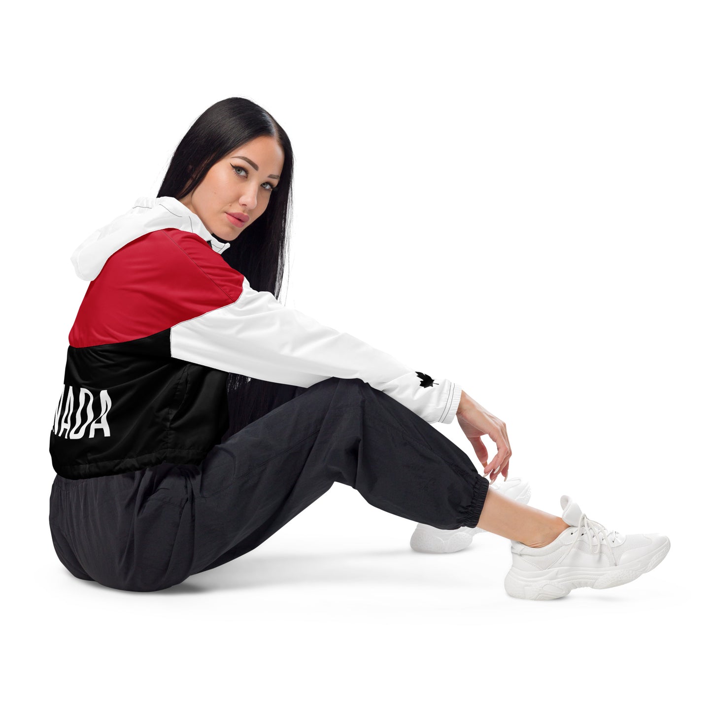 Women’s Cropped Windbreaker "CANADA" in Classic White & Basic Black on Canadian Red