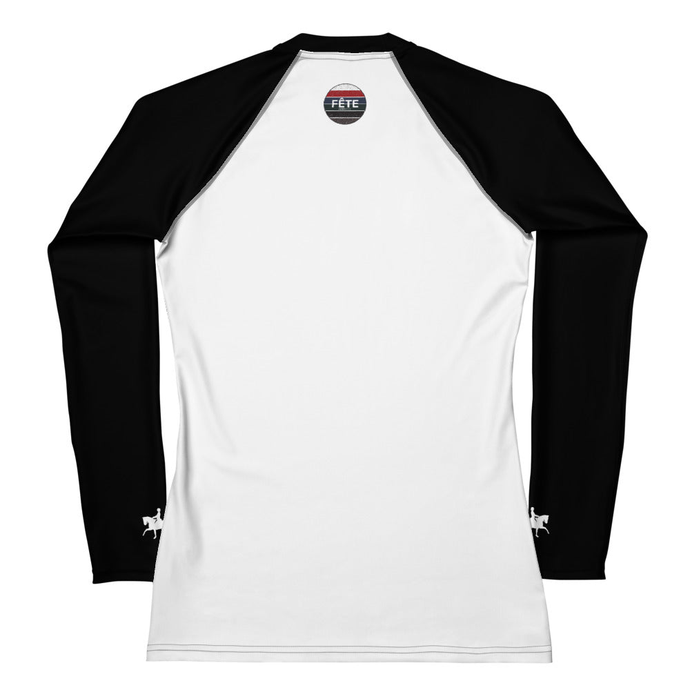 Women's Long-Sleeved Sun Shirt "INSIDE LEG TO OUTSIDE REIN" in Basic Black & Classic White