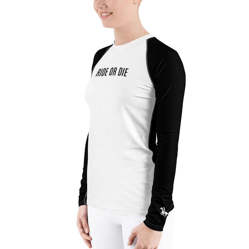 Women's Long-Sleeved Sun Shirt "RIDE OR DIE" in Classic White & Basic Black