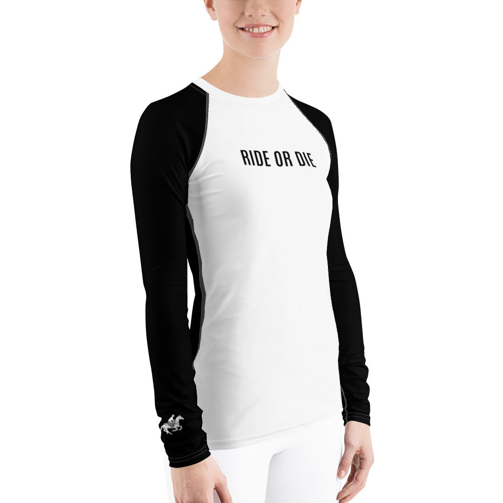 Women's Long-Sleeved Sun Shirt "RIDE OR DIE" in Classic White & Basic Black