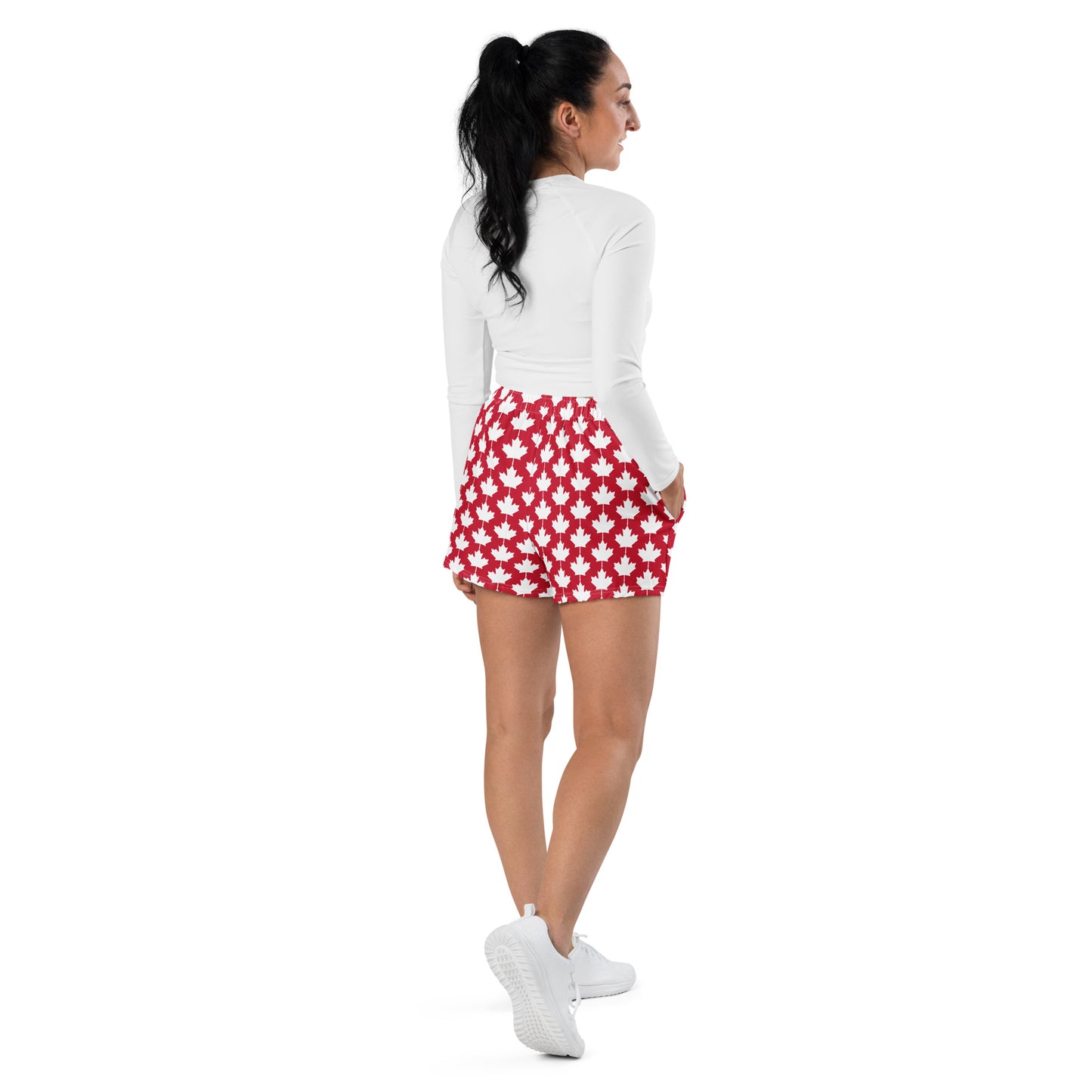 Women’s Athletic Shorts Maple Leaf in Classic White on Canadian Red