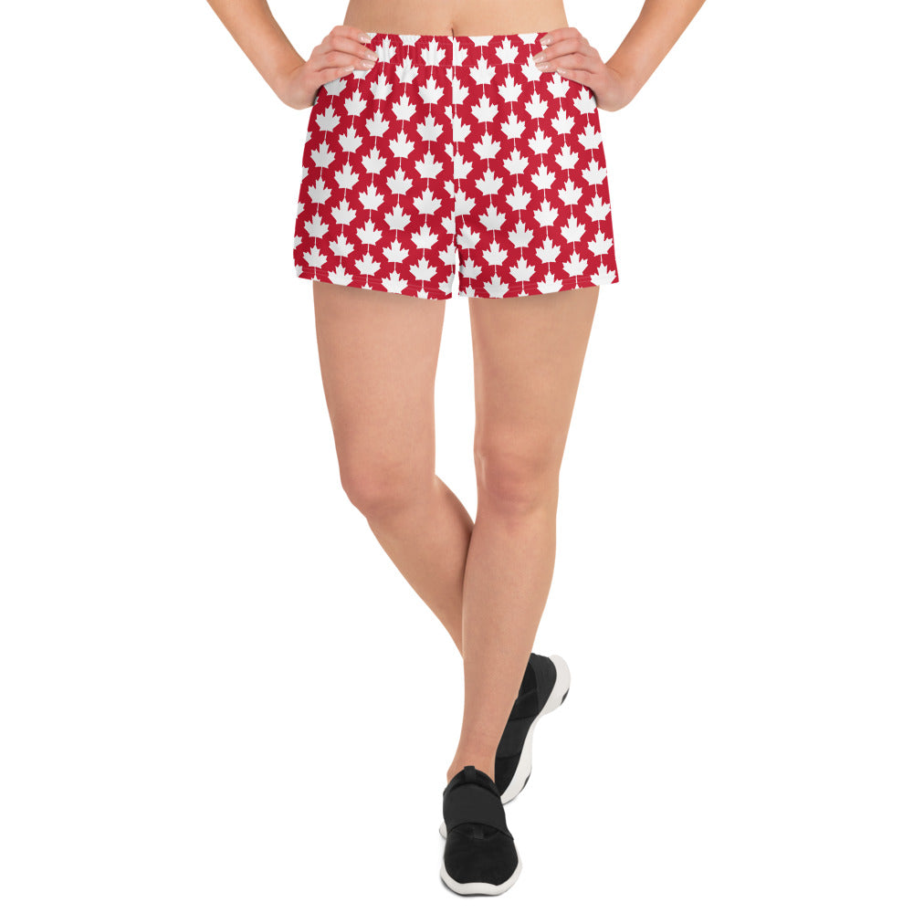 Women’s Athletic Shorts Maple Leaf in Classic White on Canadian Red