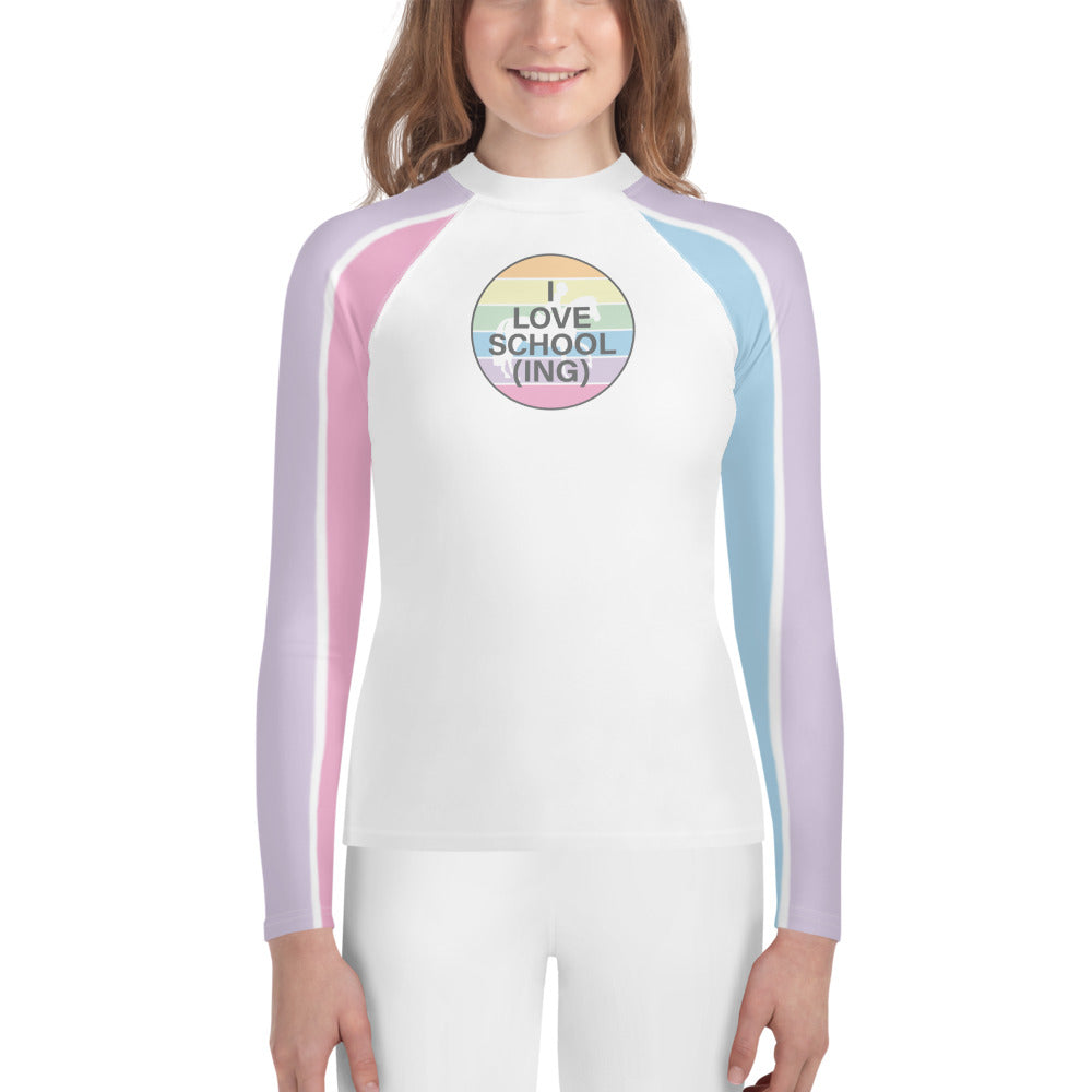 Youth Long-Sleeved Sun Shirt "I LOVE SCHOOLING" in Grape Taffy, Cotton Candy & Blue Bubblegum