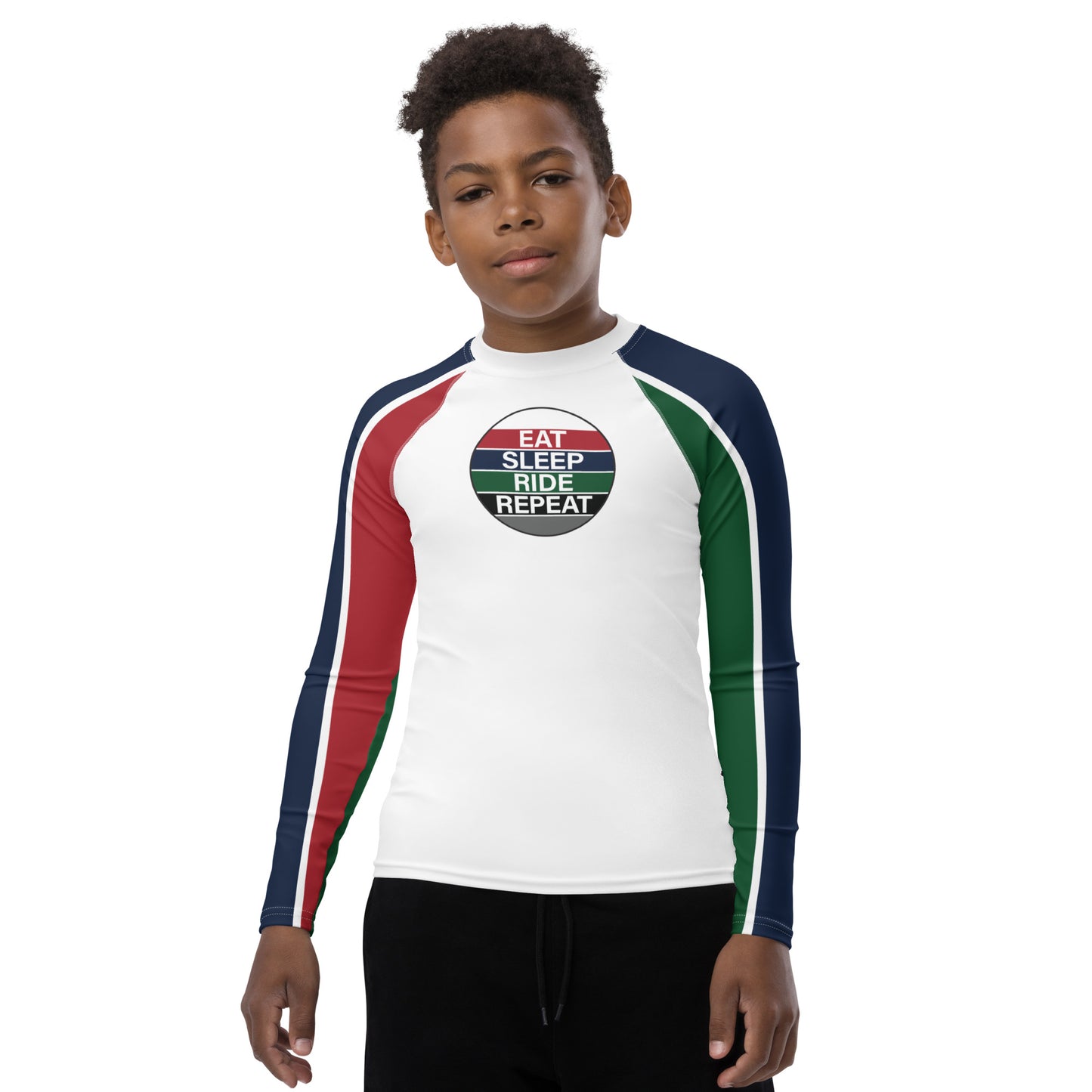 Youth Long-Sleeved Sun Shirt "EAT SLEEP RIDE REPEAT" in Classic White, Barn Red, French Navy & Racing Green