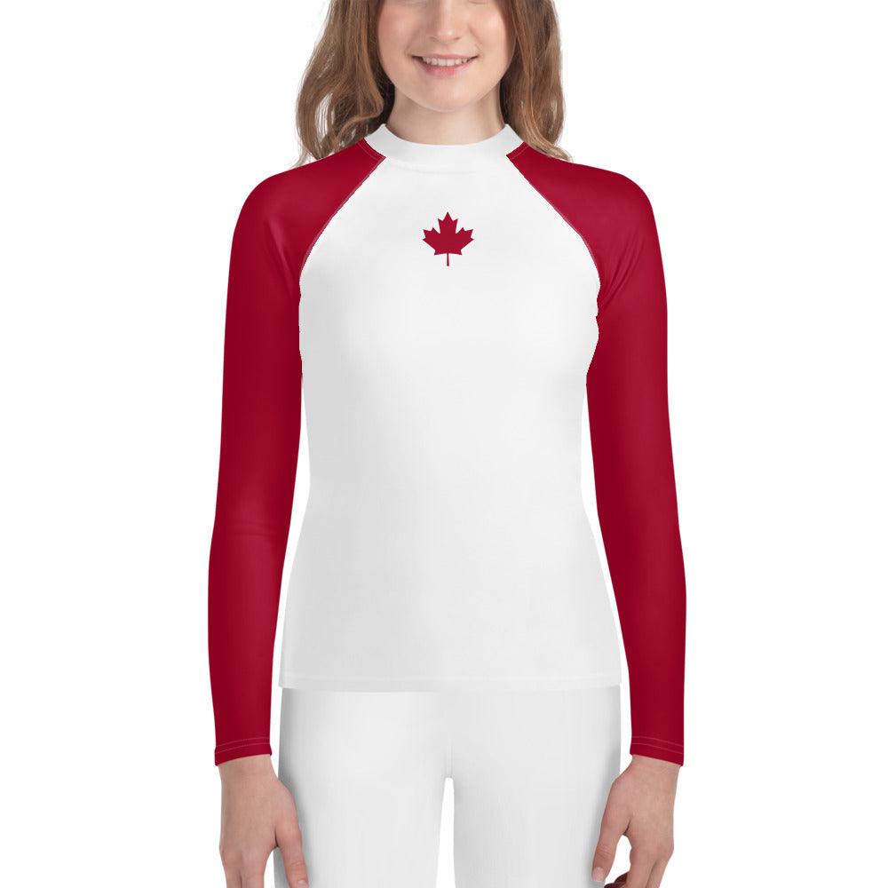 Youth Long-Sleeved Sun Shirt Maple Leaf in Classic White & Barn Red