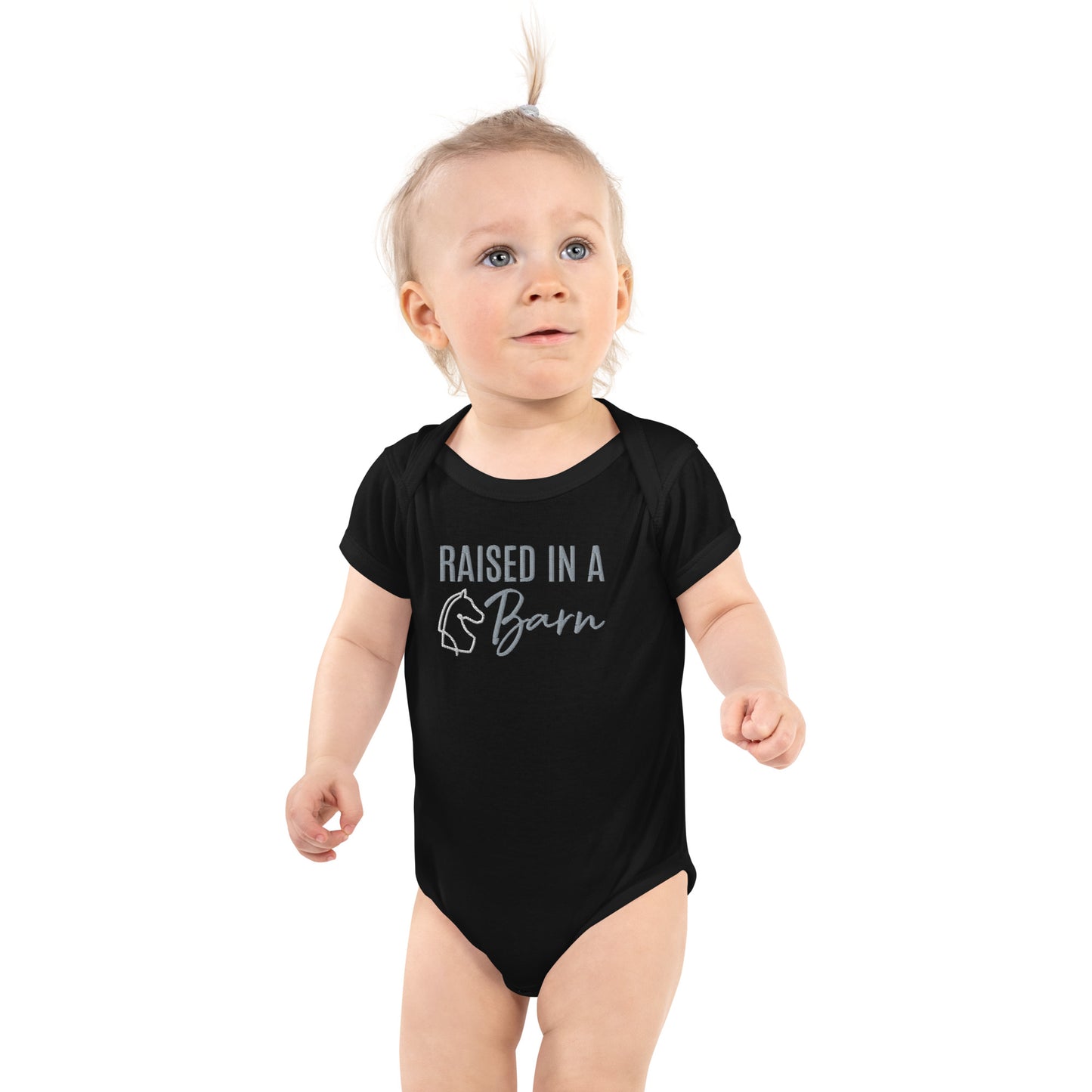 Infant Onesie "RAISED IN A BARN" Embroidered in Storm Grey on Basic Black, Heather Grey or Classic White