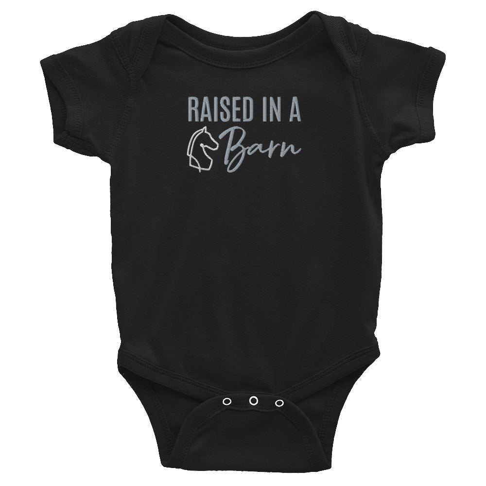 Infant Onesie "RAISED IN A BARN" Embroidered in Storm Grey on Basic Black, Heather Grey or Classic White