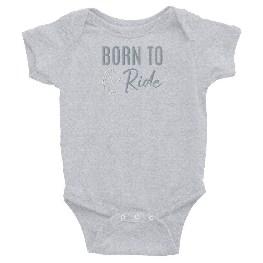 Infant Onesie "BORN TO RIDE" Embroidered in Storm Grey on Pink, Heather Grey or Classic White