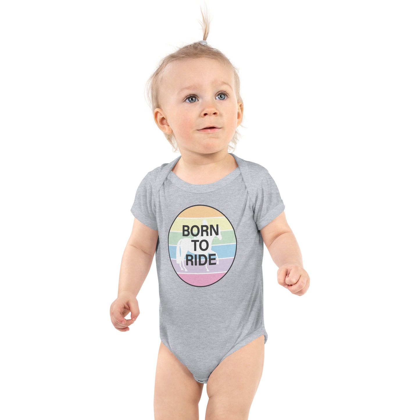 Infant Onesie "BORN TO RIDE" in Classic White, Heather Grey or Pink