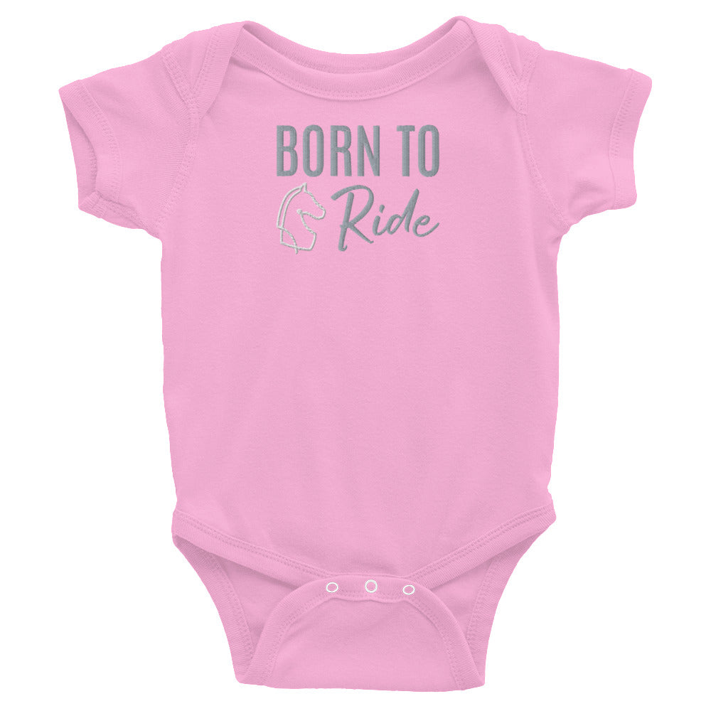 Infant Onesie "BORN TO RIDE" Embroidered in Storm Grey on Pink, Heather Grey or Classic White