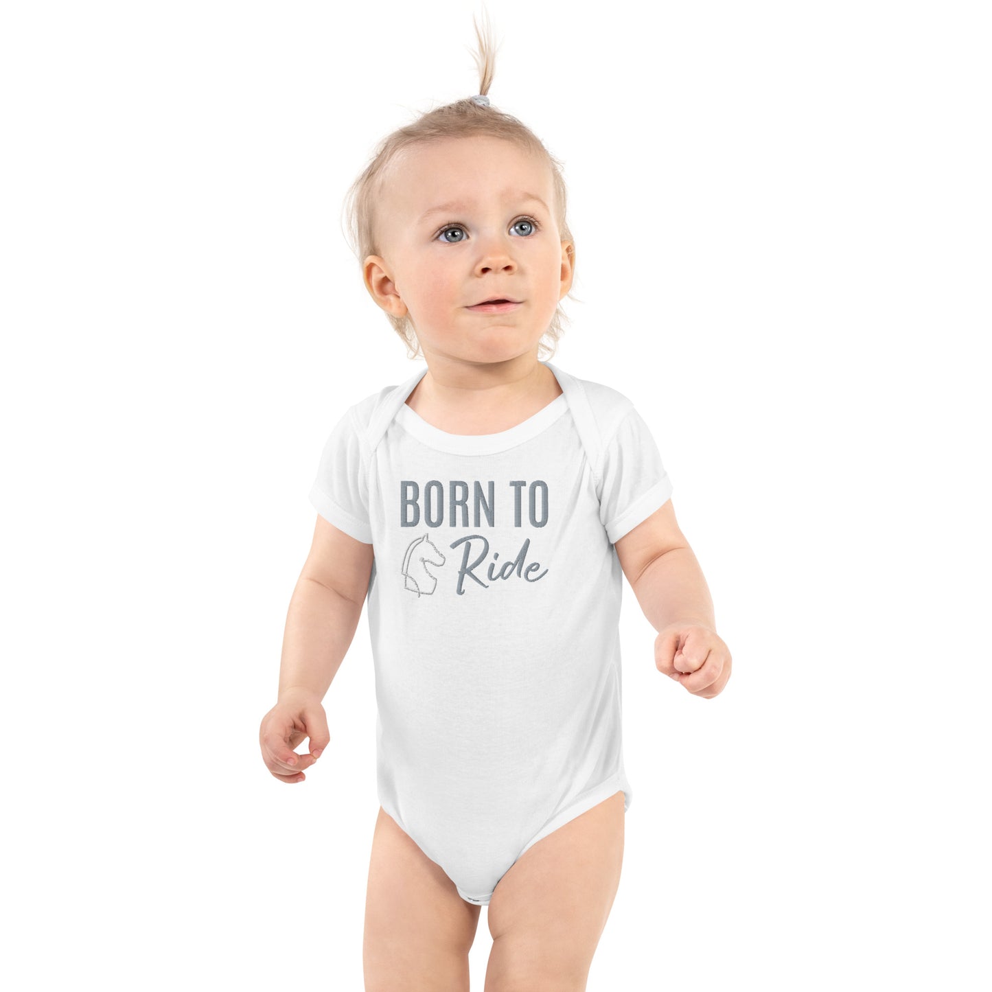 Infant Onesie "BORN TO RIDE" Embroidered in Storm Grey on Pink, Heather Grey or Classic White