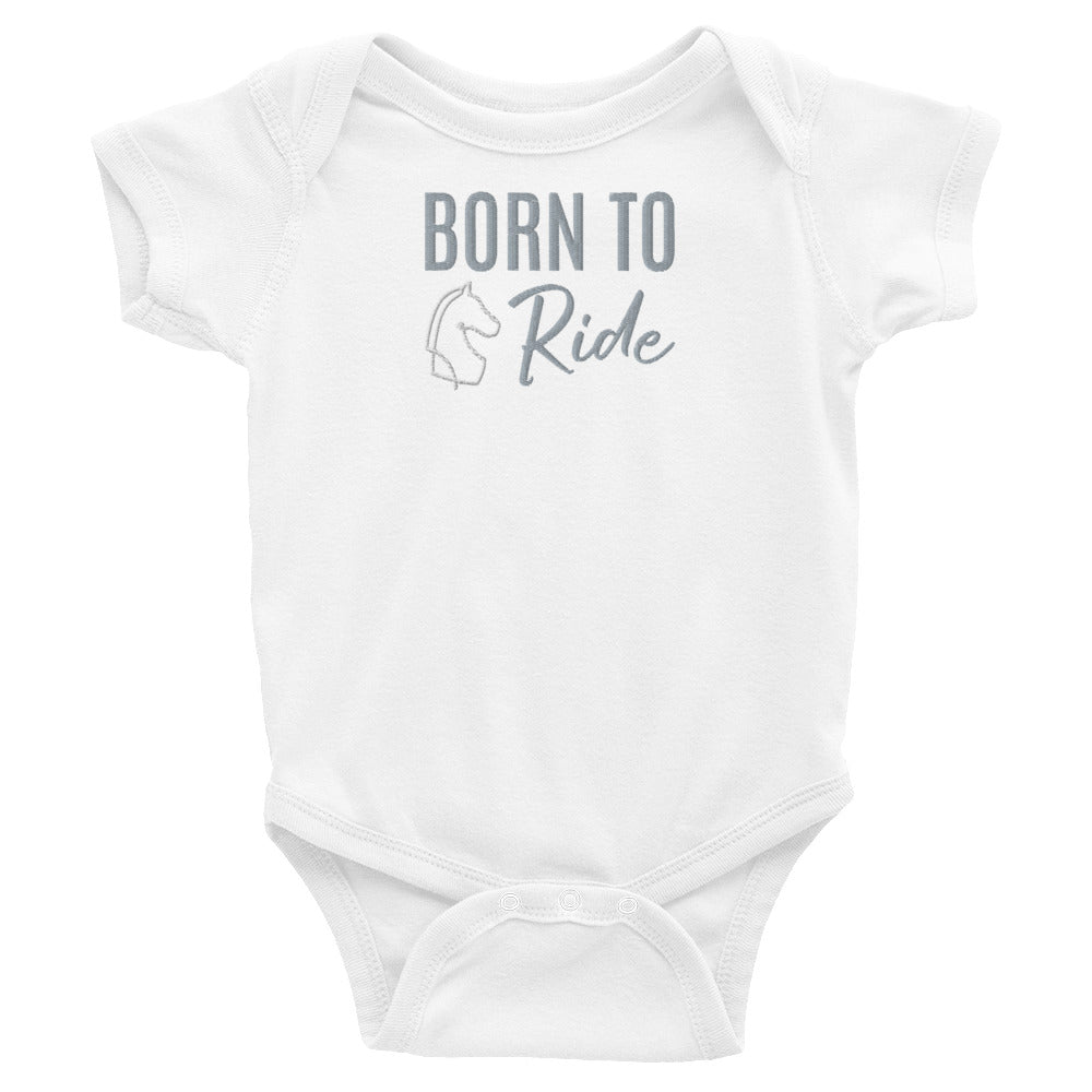 Infant Onesie "BORN TO RIDE" Embroidered in Storm Grey on Pink, Heather Grey or Classic White