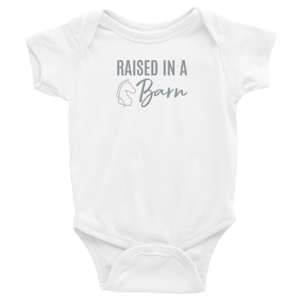 Infant Onesie "RAISED IN A BARN" Embroidered in Storm Grey on Basic Black, Heather Grey or Classic White
