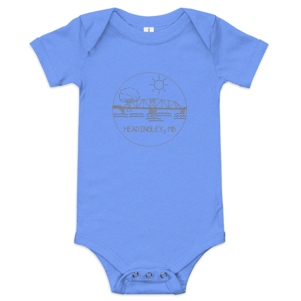 Infant Onesie "HEADINGLEY, MB" in Storm Grey on Classic White, Pink, or Blue