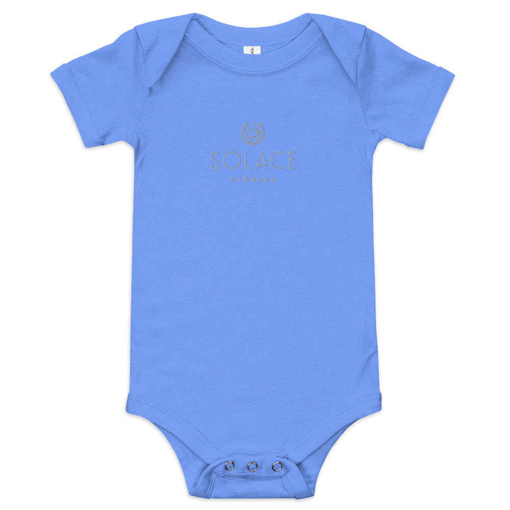 Infant Onesie "SOLACE STABLES" Embroidered in Storm Grey on Classic White, Pink, or Blue