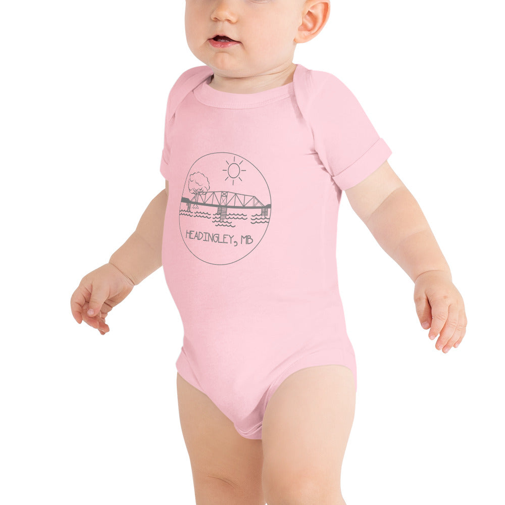 Infant Onesie "HEADINGLEY, MB" in Storm Grey on Classic White, Pink, or Blue