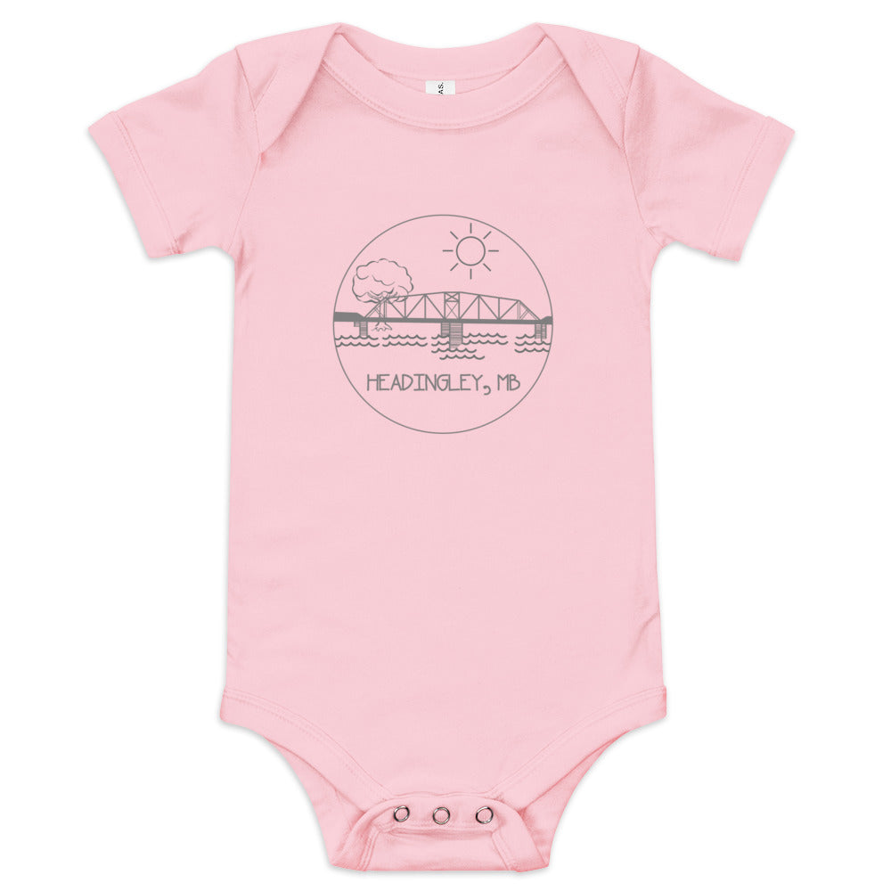 Infant Onesie "HEADINGLEY, MB" in Storm Grey on Classic White, Pink, or Blue
