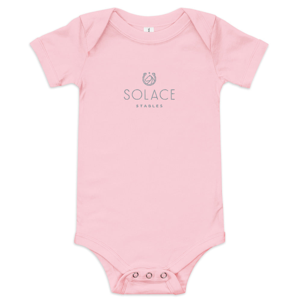 Infant Onesie "SOLACE STABLES" Embroidered in Storm Grey on Classic White, Pink, or Blue