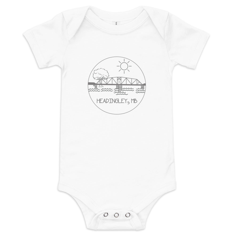 Infant Onesie "HEADINGLEY, MB" in Storm Grey on Classic White, Pink, or Blue