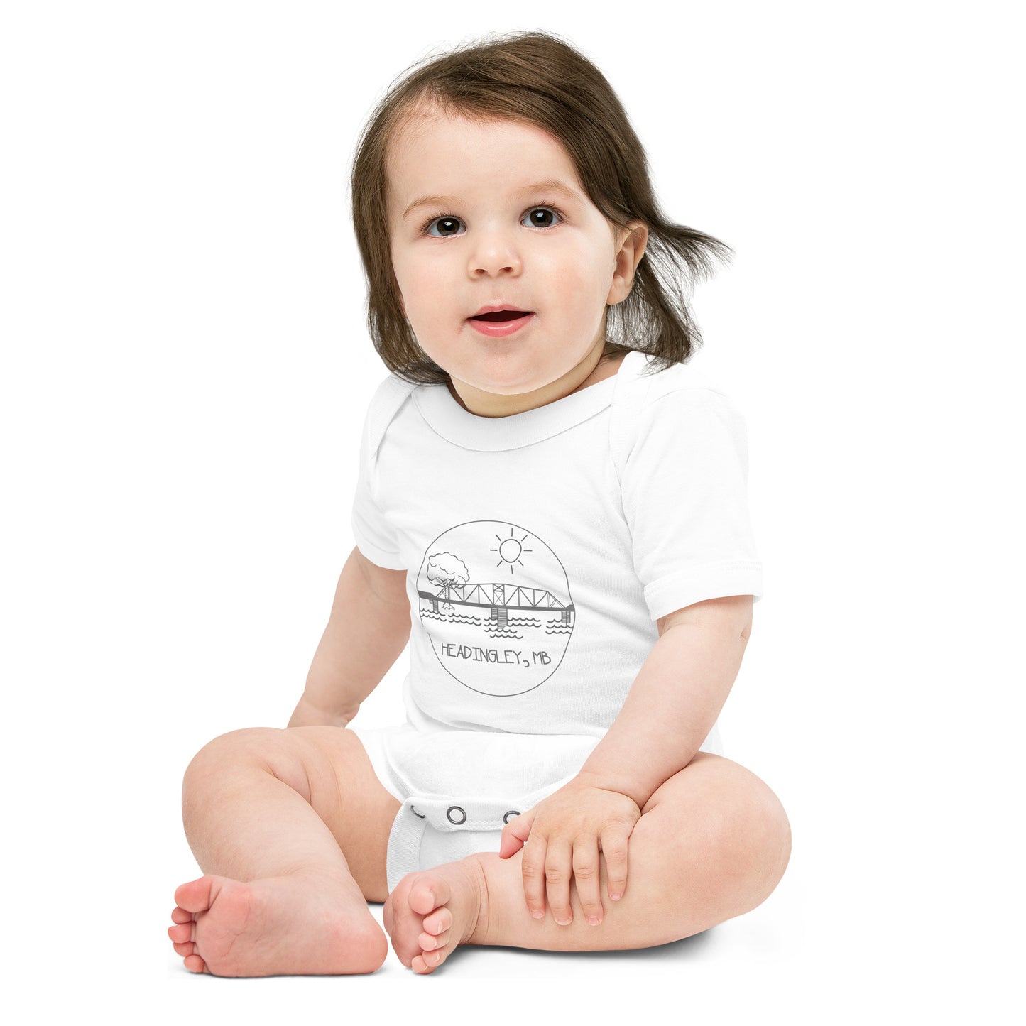 Infant Onesie "HEADINGLEY, MB" in Storm Grey on Classic White, Pink, or Blue