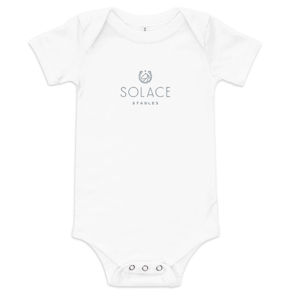 Infant Onesie "SOLACE STABLES" Embroidered in Storm Grey on Classic White, Pink, or Blue