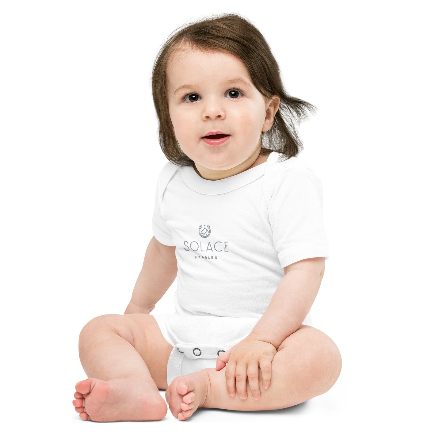 Infant Onesie "SOLACE STABLES" Embroidered in Storm Grey on Classic White, Pink, or Blue