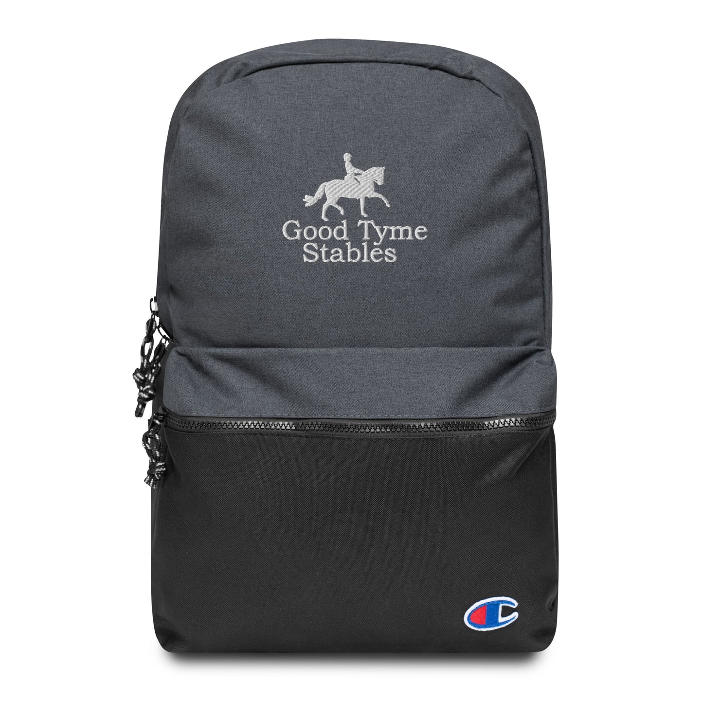 Backpack "GOOD TYME STABLES" Embroidered in Classic White on Heather Grey & Basic Black