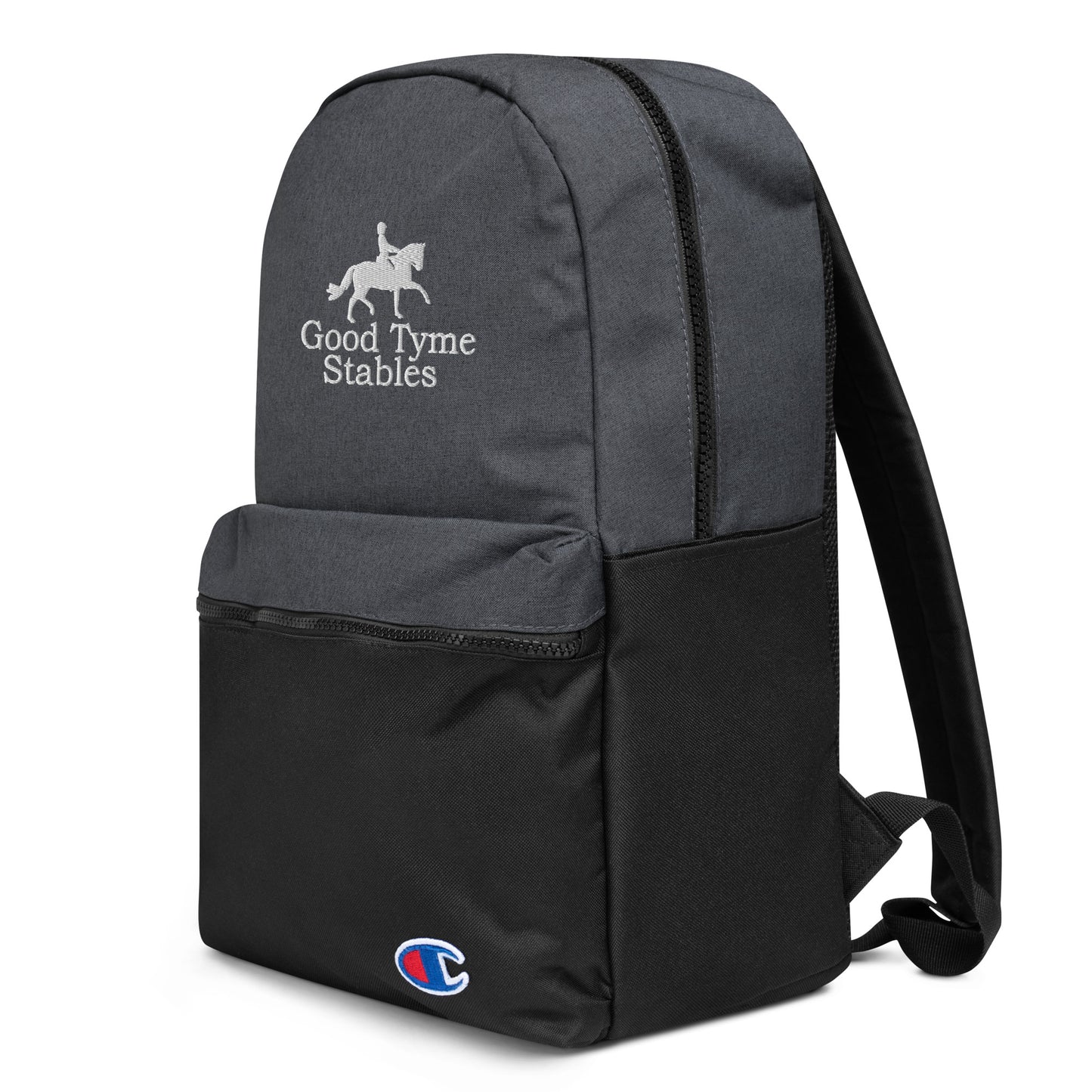 Backpack "GOOD TYME STABLES" Embroidered in Classic White on Heather Grey & Basic Black