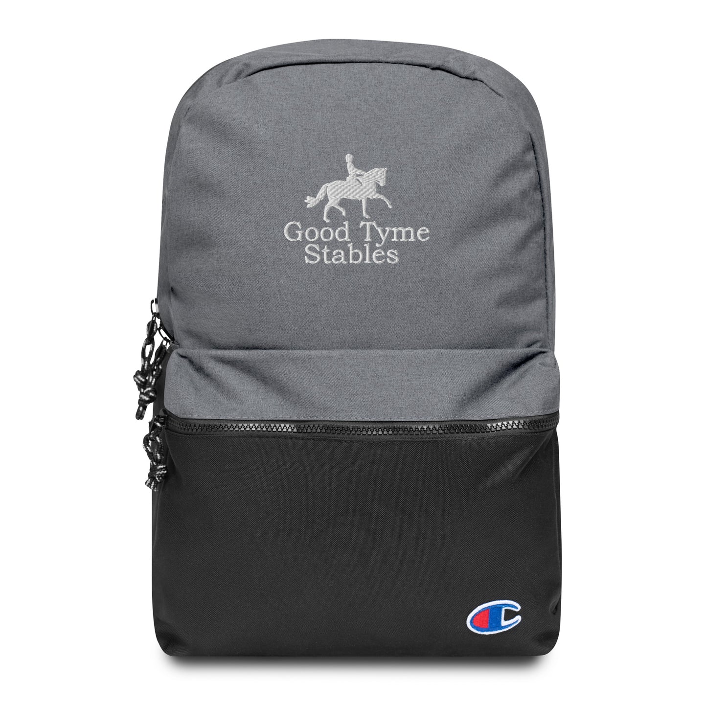 Backpack "GOOD TYME STABLES" Embroidered in Classic White on Heather Grey & Basic Black