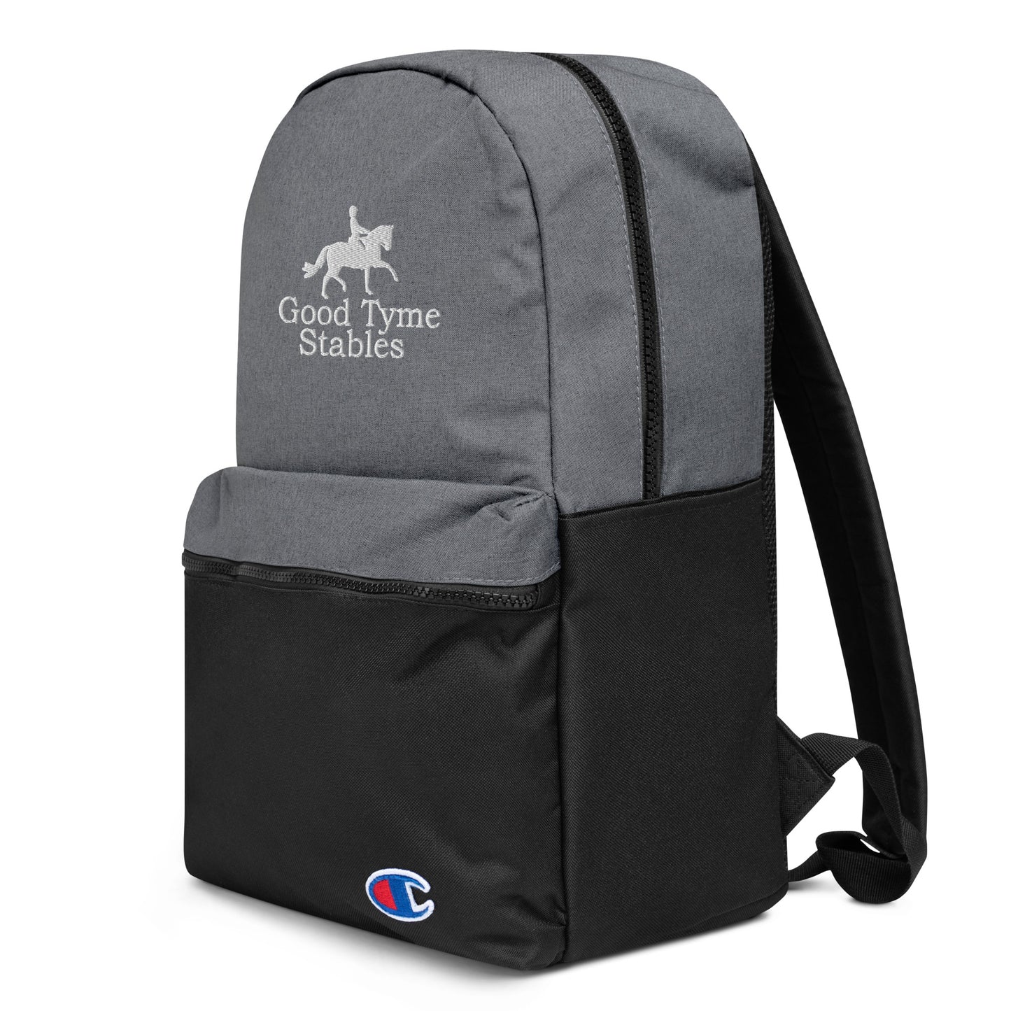 Backpack "GOOD TYME STABLES" Embroidered in Classic White on Heather Grey & Basic Black