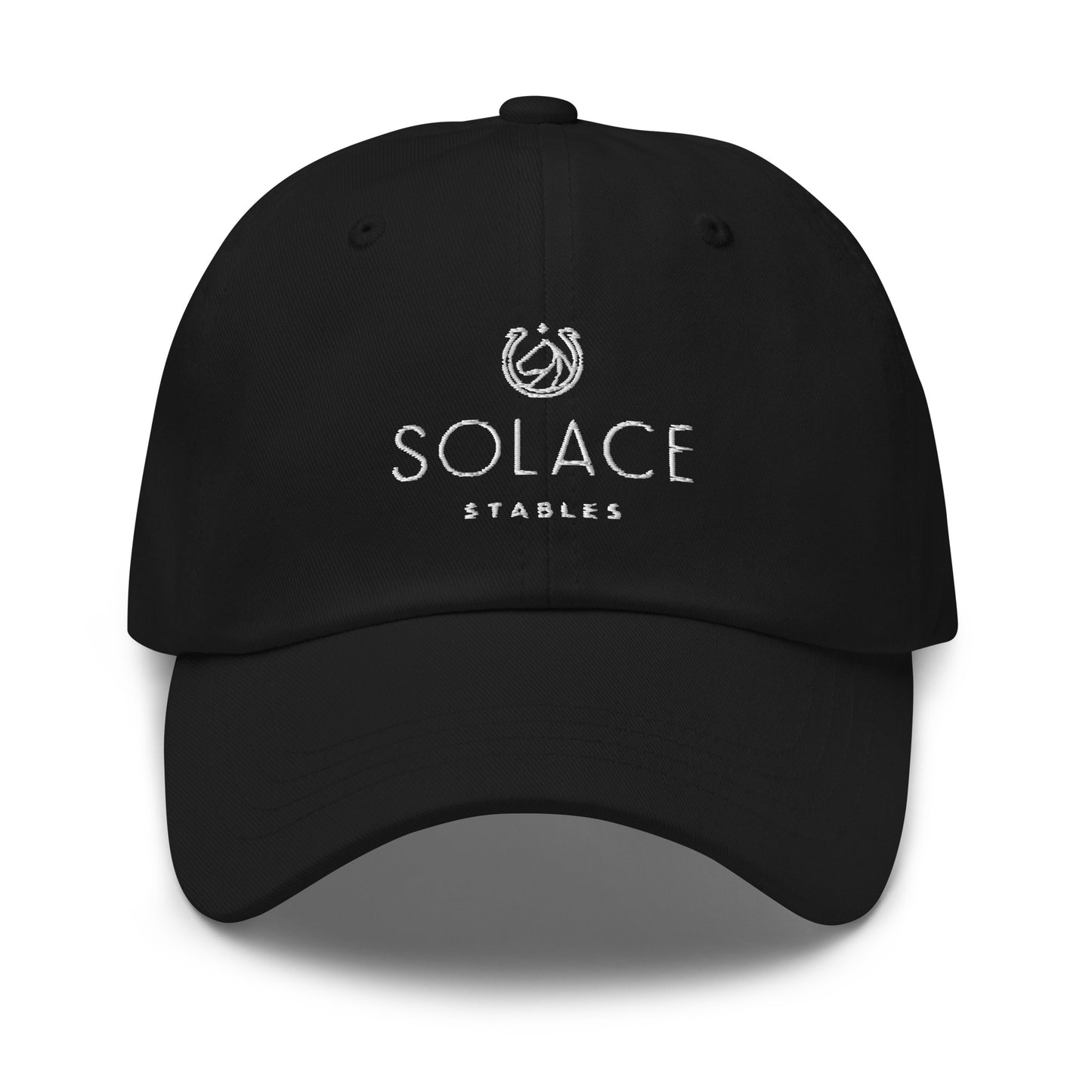 Adjustable Cap "SOLACE STABLES" Embroidered in Classic White on Basic Black or Storm Grey