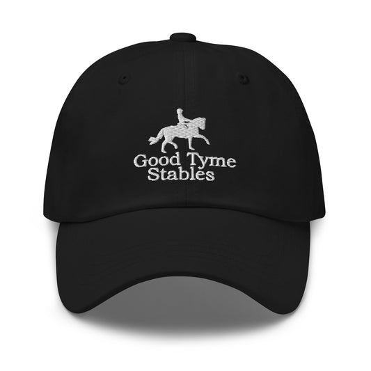 Adjustable Cap "GOOD TYME STABLES" Embroidered in Classic White on Basic Black, French Navy, Barn Red, Racing Green or Storm Grey
