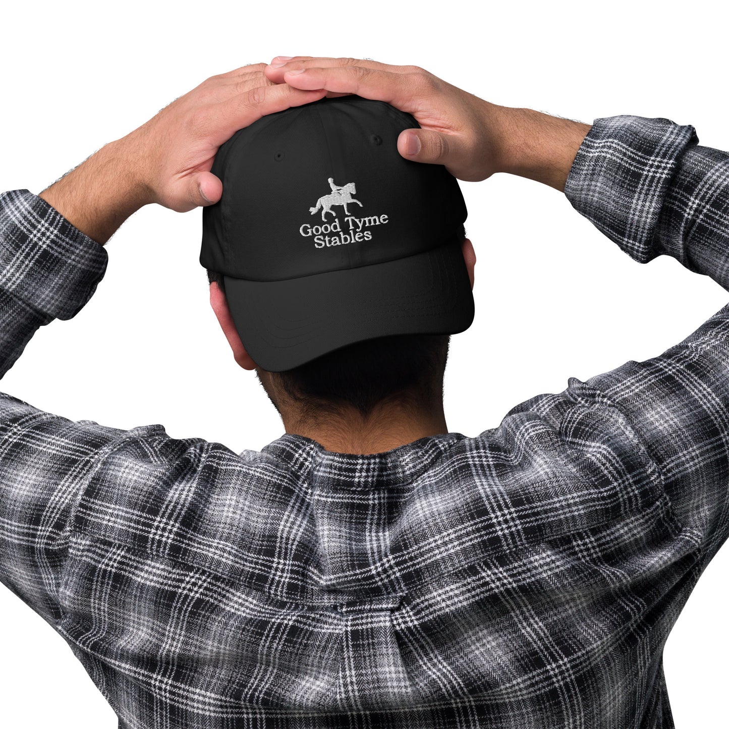 Adjustable Cap "GOOD TYME STABLES" Embroidered in Classic White on Basic Black, French Navy, Barn Red, Racing Green or Storm Grey