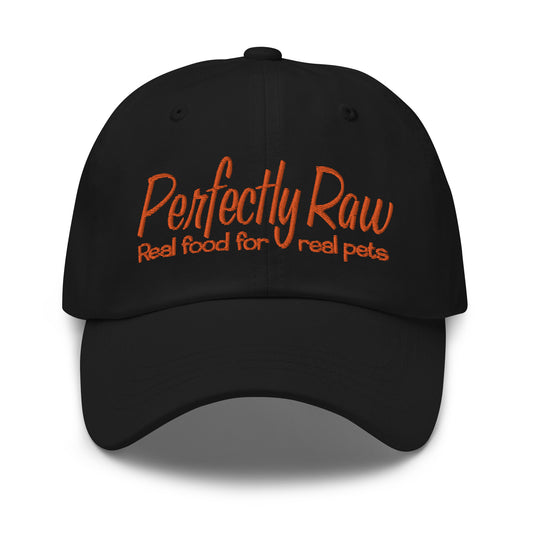 Adjustable Cap "PERFECTLY RAW" Embroidered in Pumpkin Orange on Basic Black or Classic White