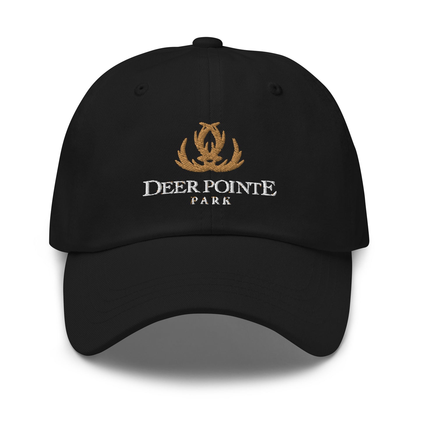 Adjustable Cap "DEER POINTE PARK" Embroidered in Classic White & Old Gold on Basic Black