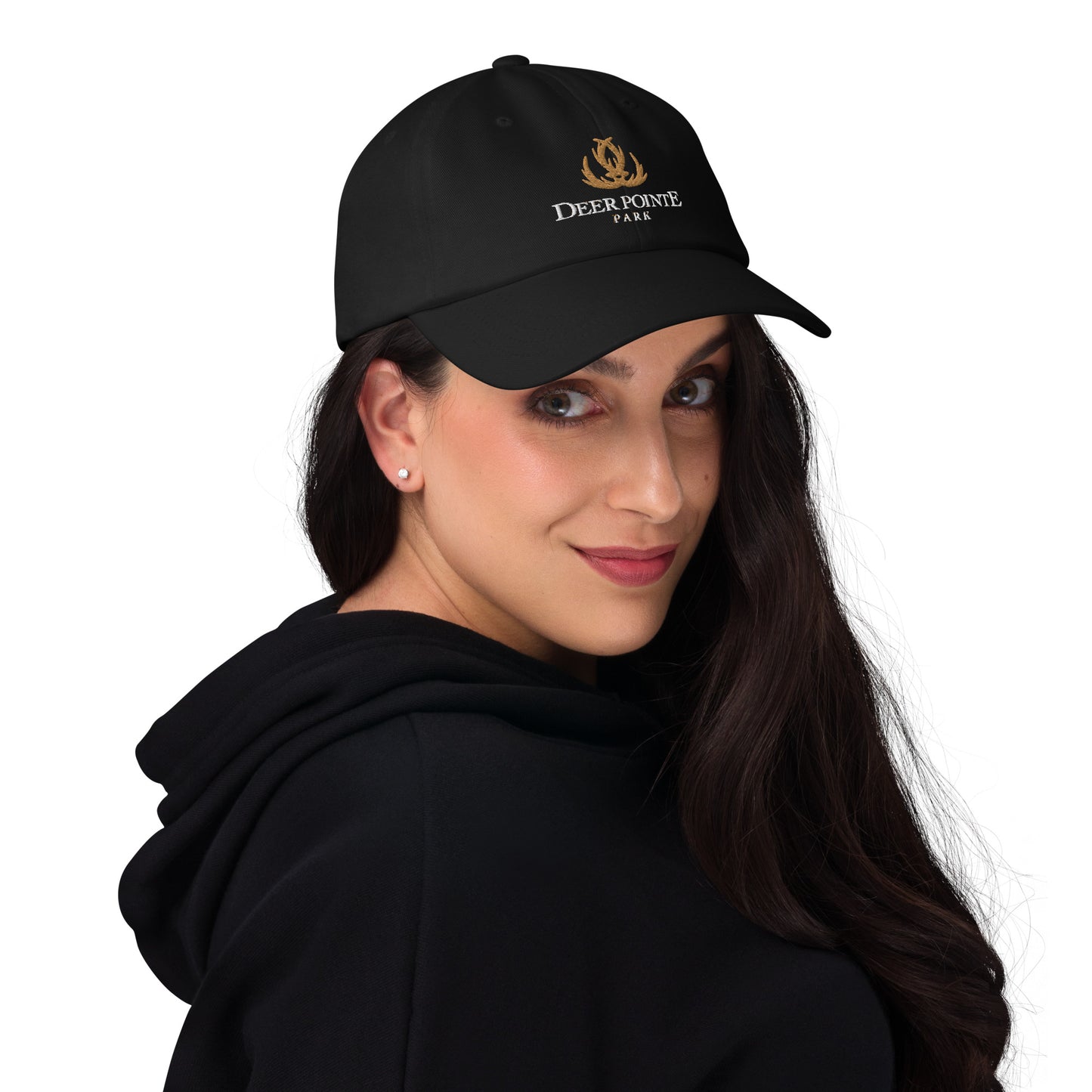 Adjustable Cap "DEER POINTE PARK" Embroidered in Classic White & Old Gold on Basic Black