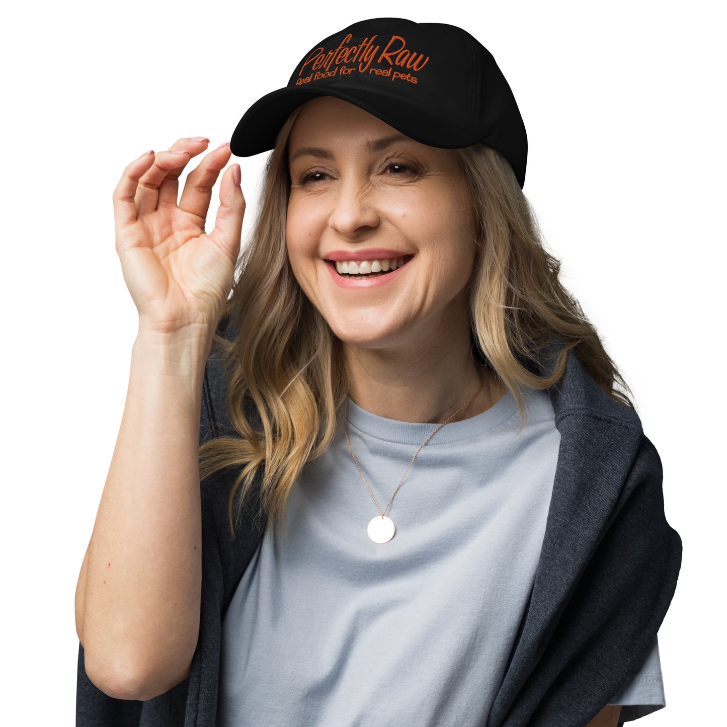Adjustable Cap "PERFECTLY RAW" Embroidered in Pumpkin Orange on Basic Black or Classic White