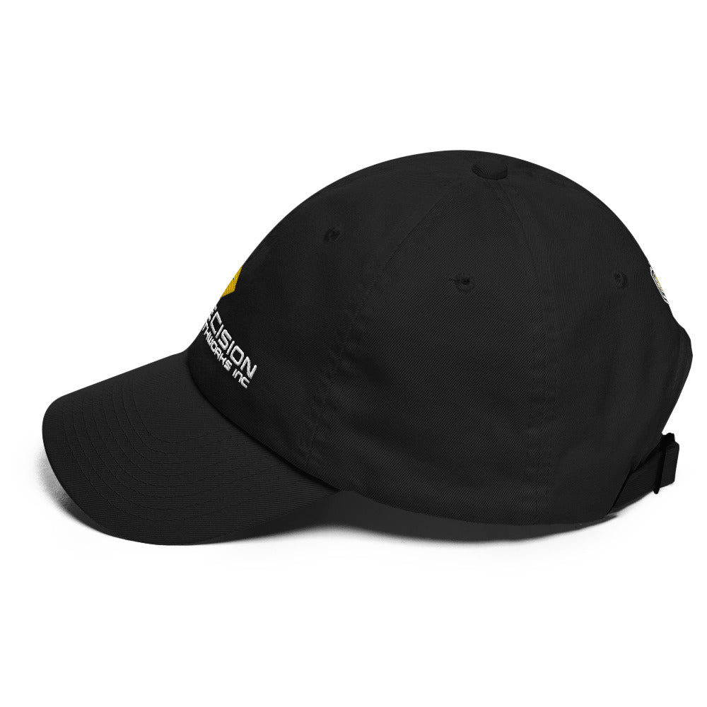Adjustable Cap "PRECISION EARTHWORKS INC" Embroidered in Classic White & Gold on Basic Black