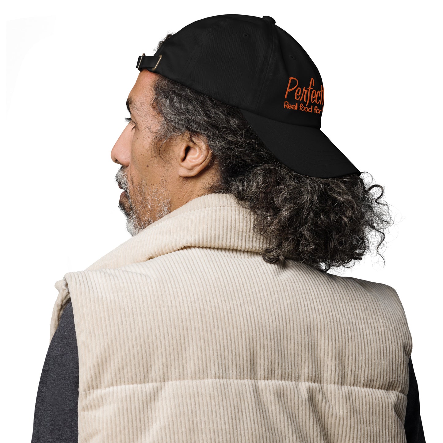 Adjustable Cap "PERFECTLY RAW" Embroidered in Pumpkin Orange on Basic Black or Classic White