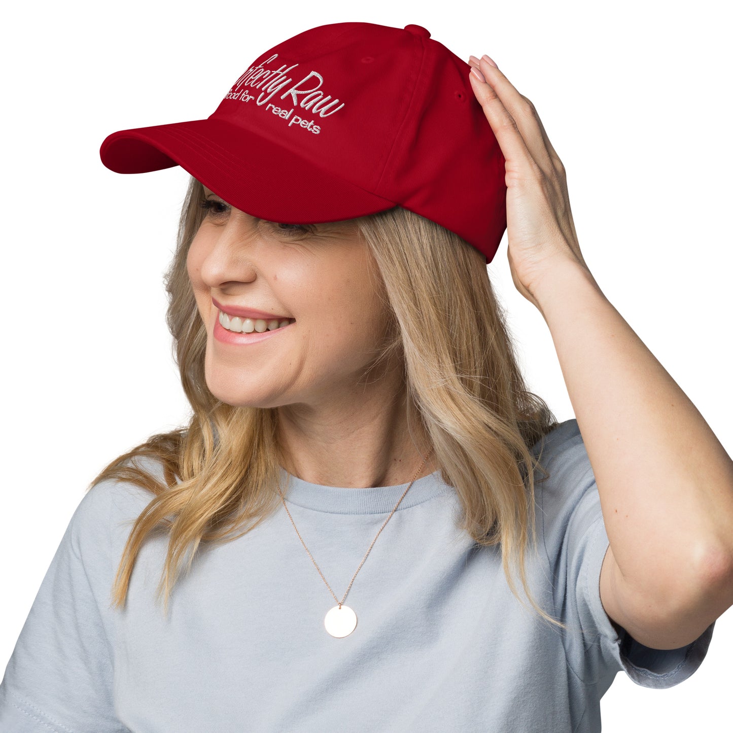 Adjustable Cap "PERFECTLY RAW" Embroidered in Classic White on Basic Black, French Navy, Barn Red, Polo Green or Storm Grey